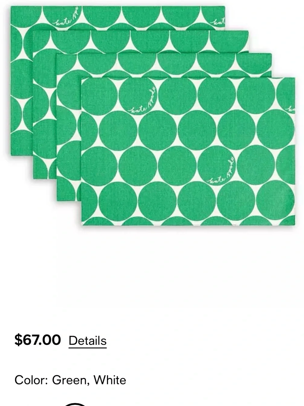 KATE SPADE ♠️ Green and White Large Polka Dot placemats